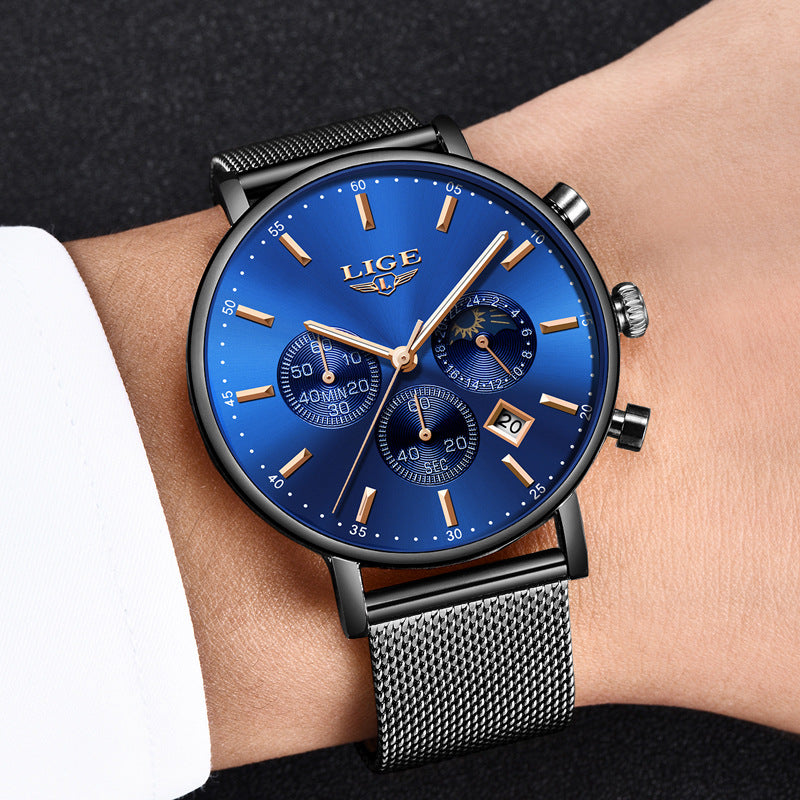 Foreign Trade LIGE Men&#039;s Personality Fashion Trend Leisure Waterproof Moon Phase Quartz Watch Business Sports Watch