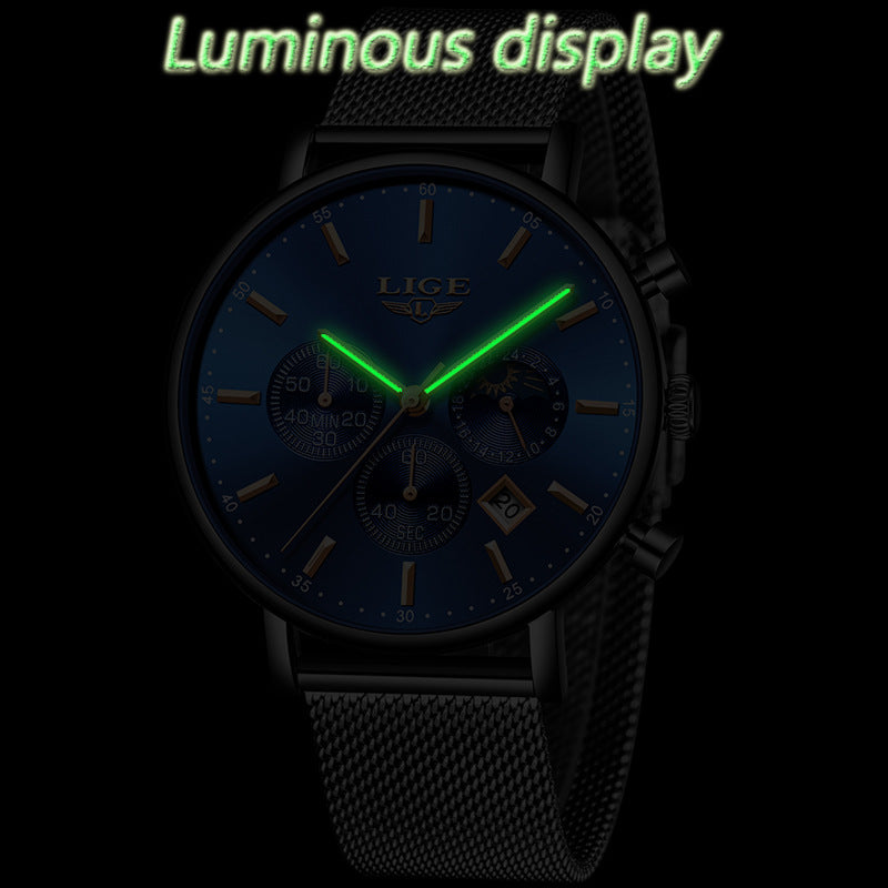 Foreign Trade LIGE Men&#039;s Personality Fashion Trend Leisure Waterproof Moon Phase Quartz Watch Business Sports Watch