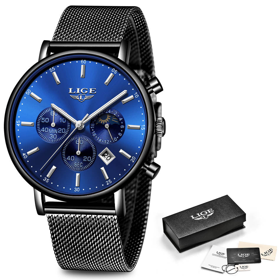 Foreign Trade LIGE Men&#039;s Personality Fashion Trend Leisure Waterproof Moon Phase Quartz Watch Business Sports Watch