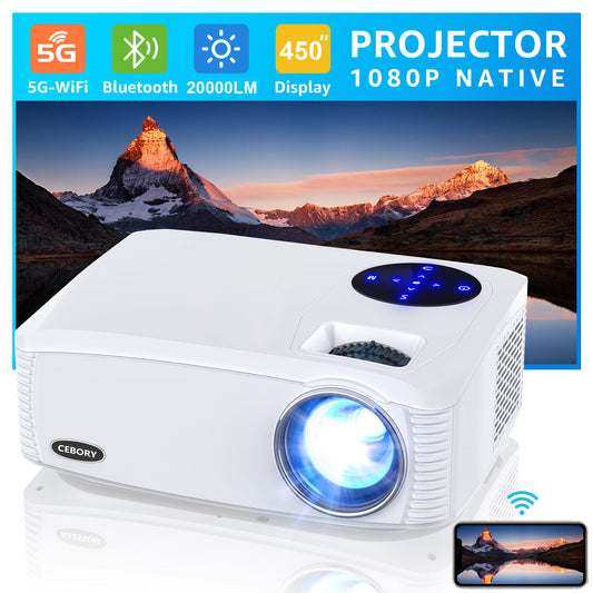 5G WiFi Bluetooth Native 1080P Projector, 20000LM 450&quot; Display Support 4K Movie Projector, High Brightness for Home Theater and Business, Compatible with iOS/Android/TV Stick/PS4/HDMI/USB/PPT