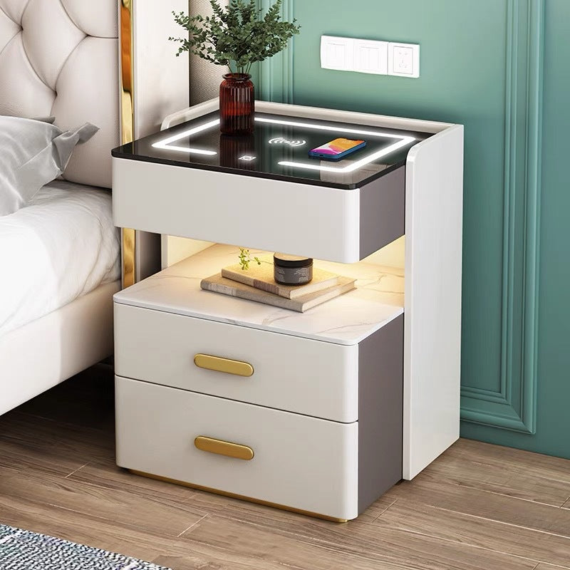 Modern Minimalist Multi-functional Smart Bedside Table Light Luxury Three-drawer Cabinet Bedroom Storage Cabinet Household Solid Wood Bedside Cabinet