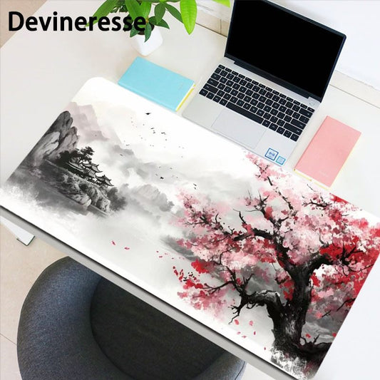 Japanese Painting Cherry Blossoms Gaming Mouse Pad Desk Mat Desk Pad Large Gaming Mousepad Office Keyboard Pad Computer Mouse Non-Slip Computer Mat Stitched Edges Mousepad, Long Mouse Pad